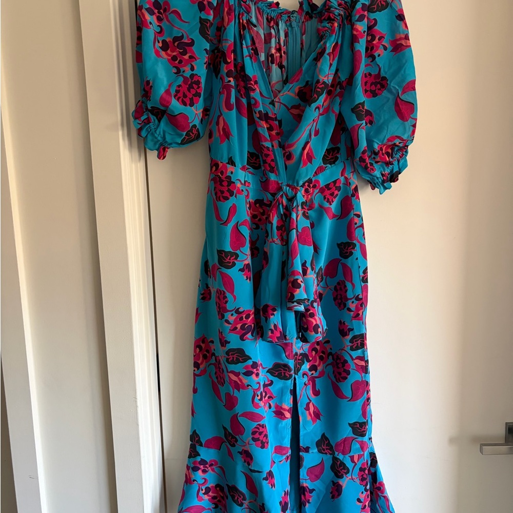 SALONI Turquoise Maxi Dress with Pink Floral Print